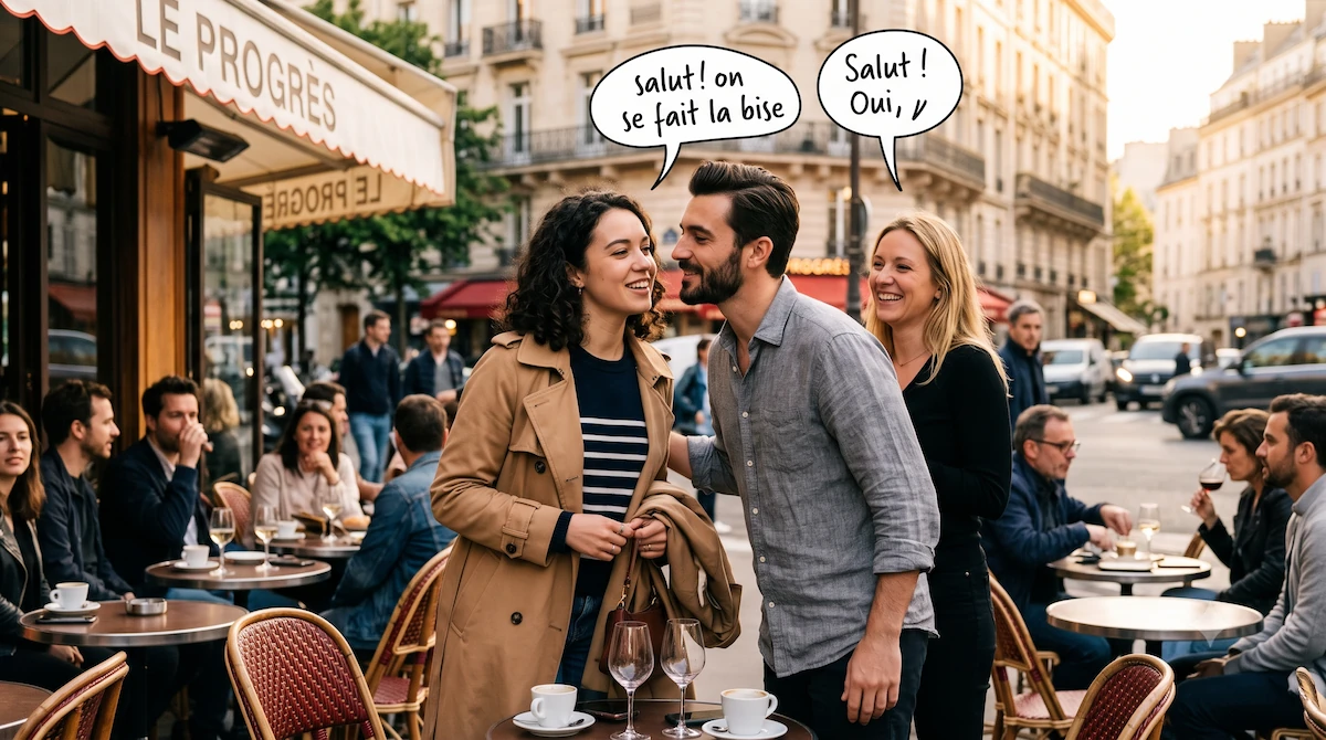 International visitor hesitates during la bise greeting with a French colleague at a Paris café.