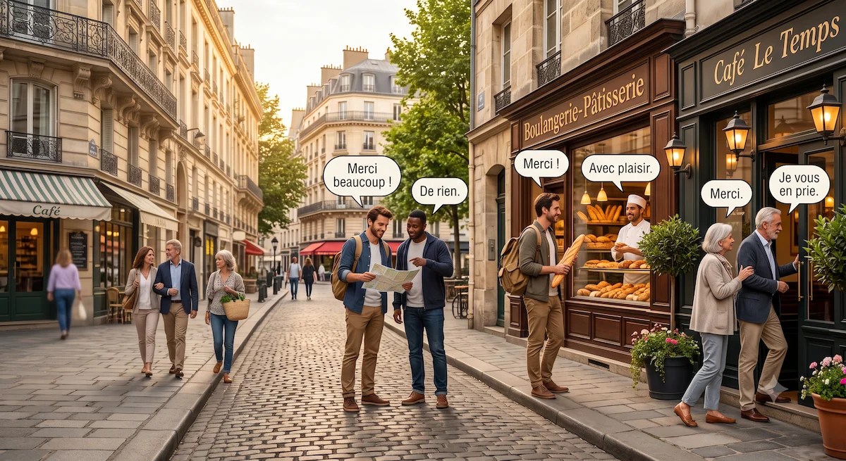 Three everyday situations showing when to use de rien, avec plaisir, and je vous en prie in French.